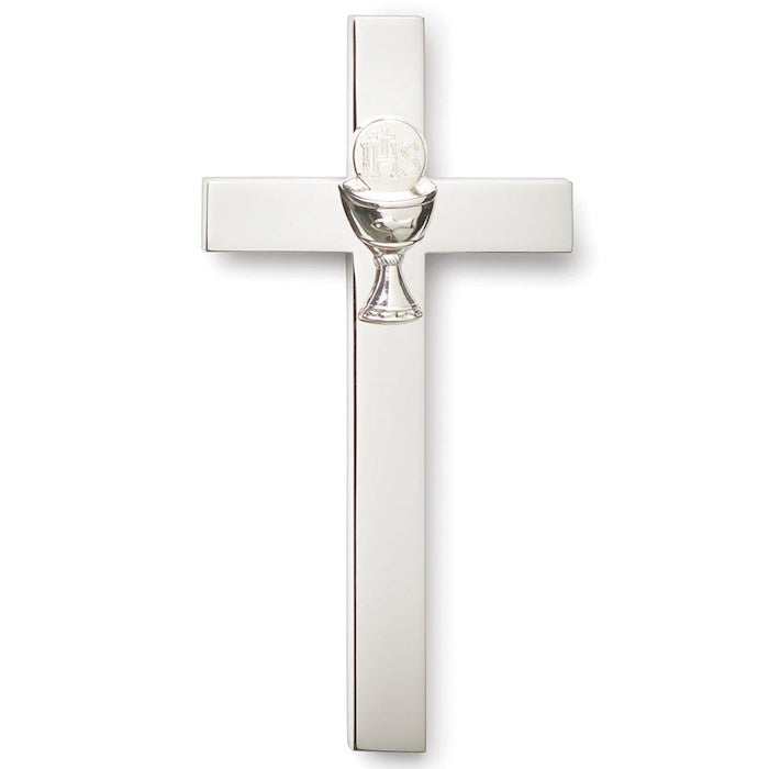 Cruz de pared plateada de primera comunión con cáliz de 12 cm
