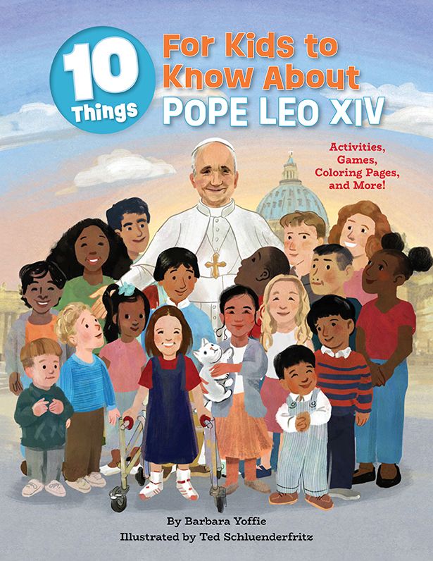 Book cover of '10 Things for Kids to Know About Pope Leo XIV' with illustrations of children and a pope.