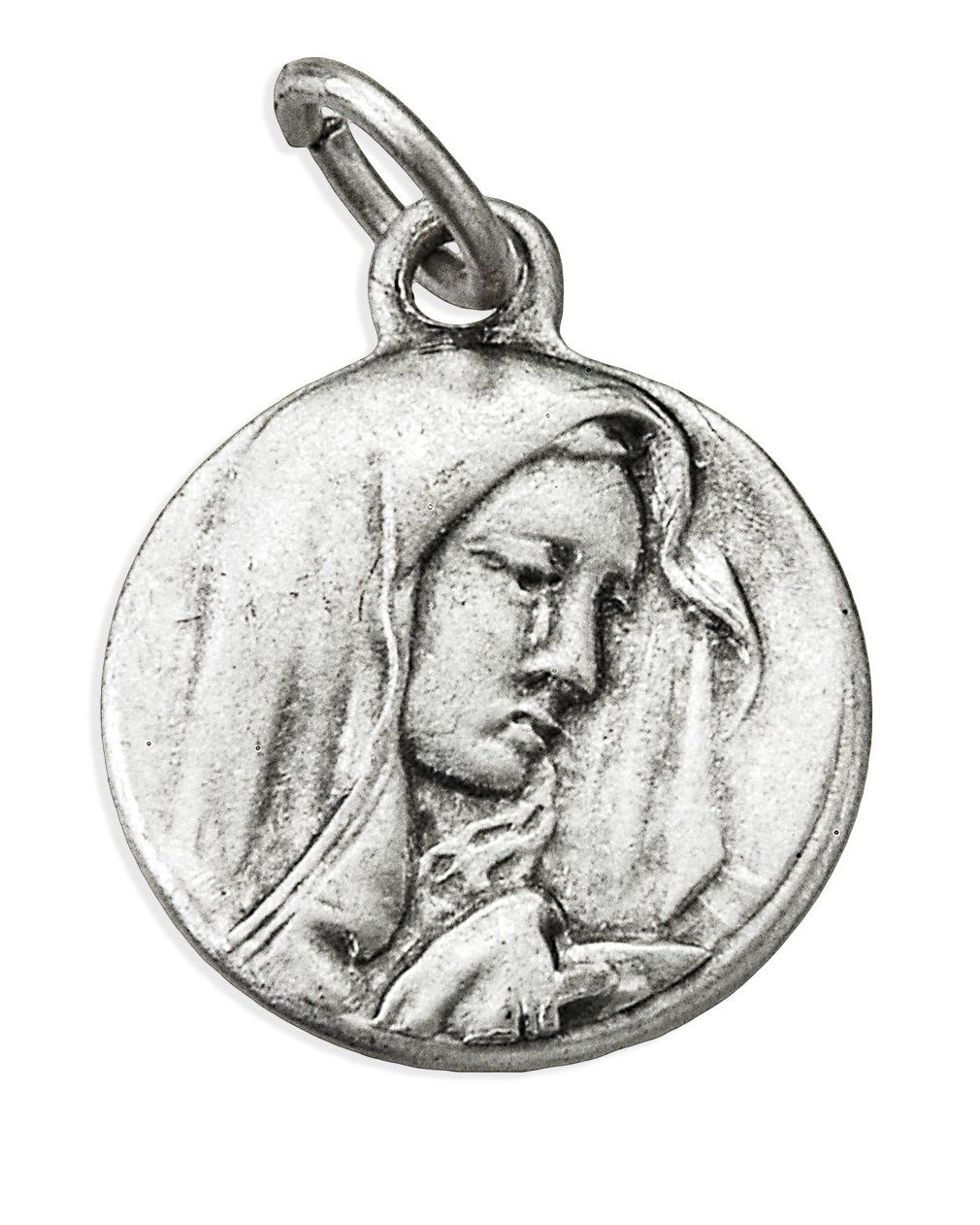 A round silver-toned metal pendant charm featuring an embossed profile of the Virgin Mary, with a small top loop for attachment, shown on a plain white background.