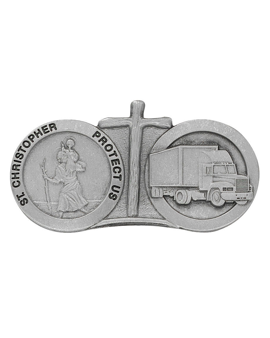Belt buckle with St. Christopher design and truck illustration on a white background
