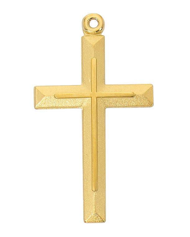 Gold cross pendant on a white background
