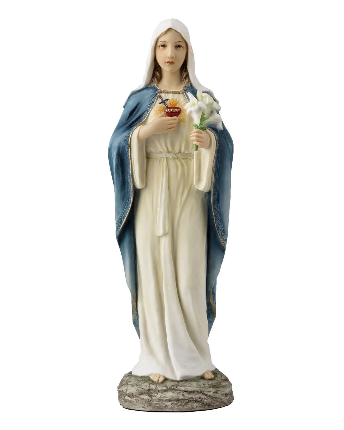 Statue of a religious figure holding a heart and flowers on a white background