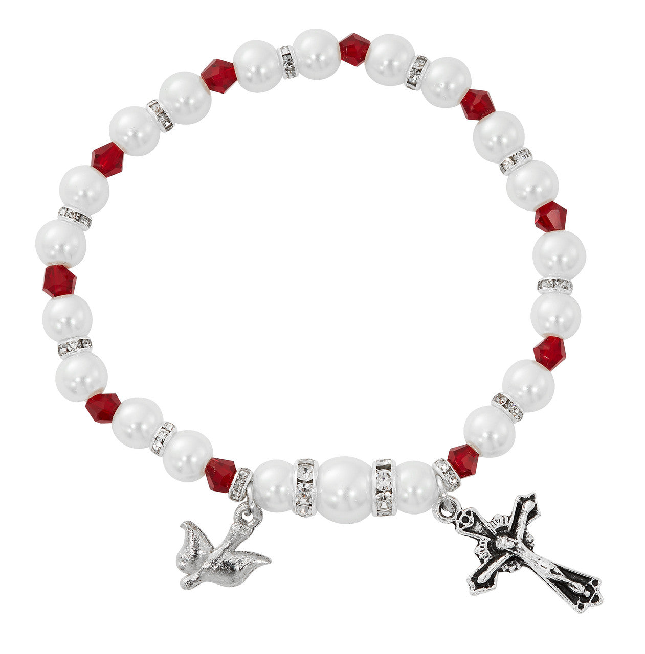 Garnet and Pearl Dove and Cross Rosary Bracelet