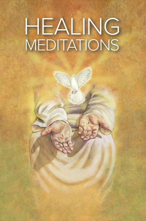 Cover of 'Healing Meditations' book featuring a white dove above hands clasped in prayer, set against a golden background.