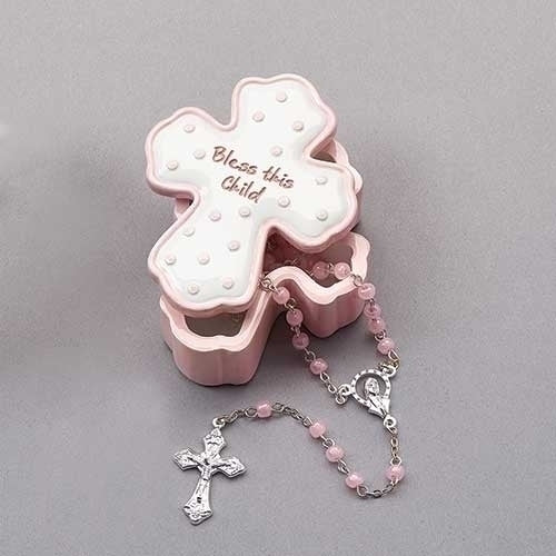 Pink Bless this Child Rosary and Rosary Box