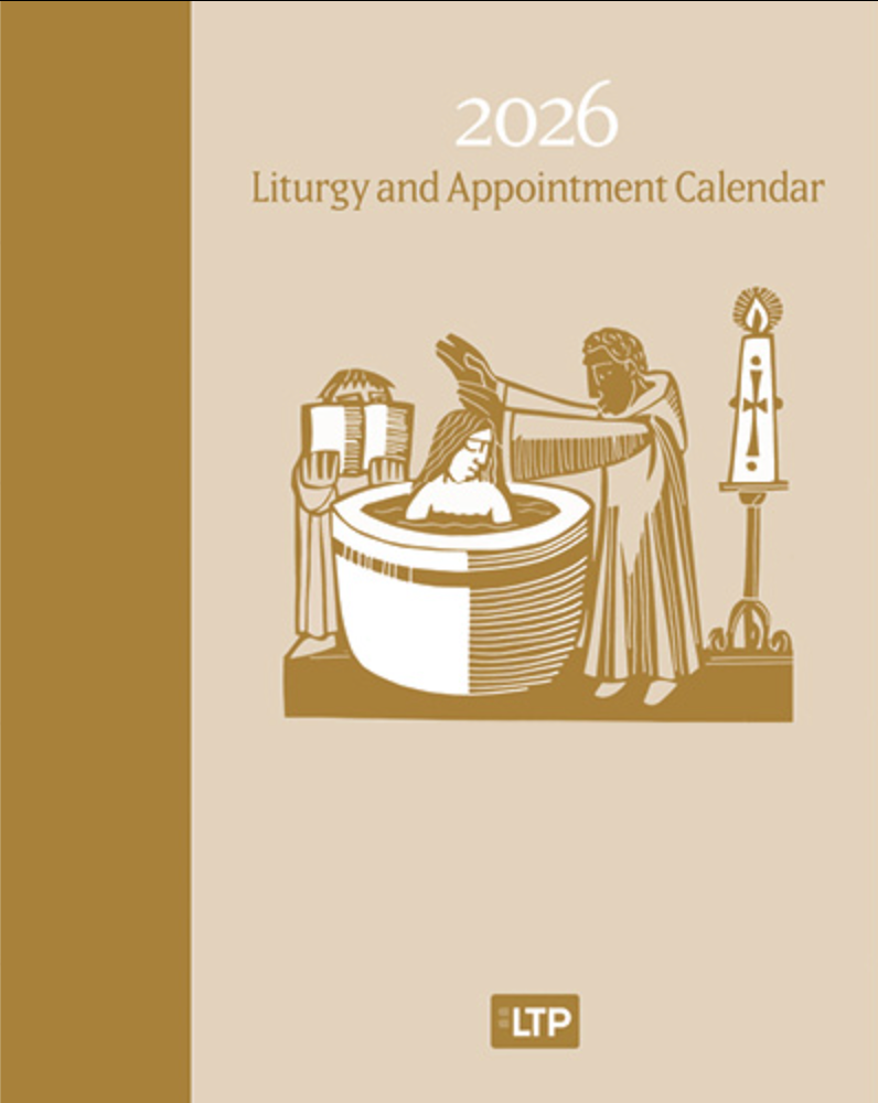 2026 Liturgy and Appointment Calendar with religious illustration on beige background