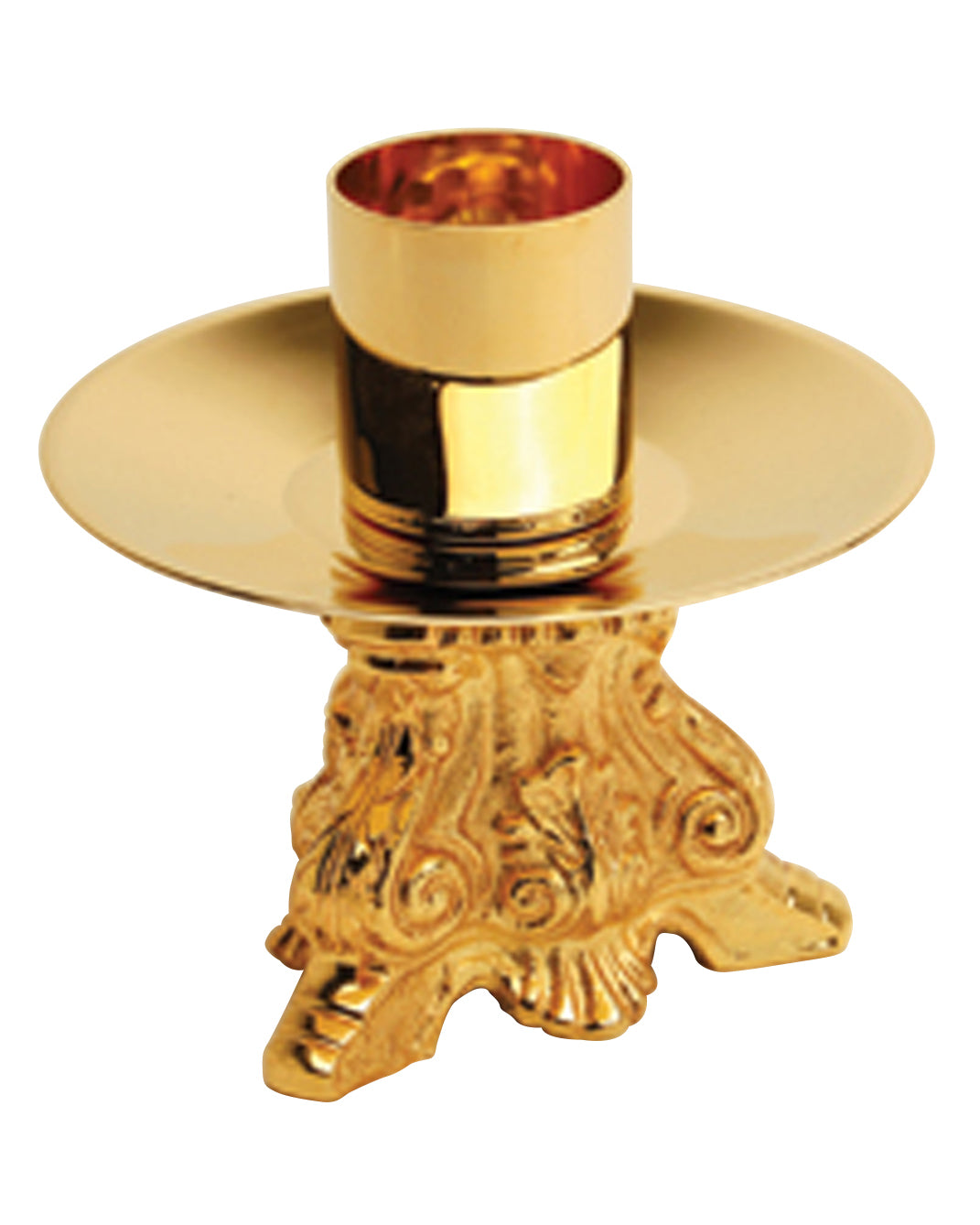 Gold candle holder with decorative base on a white background