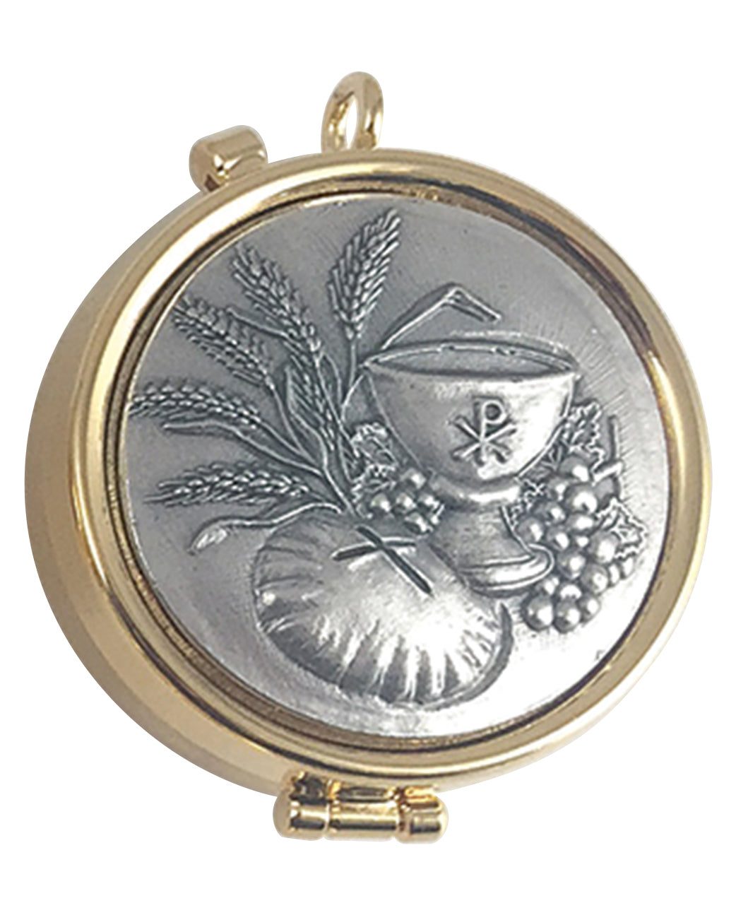 Round decorative item with gold frame and silver emblem on a white background