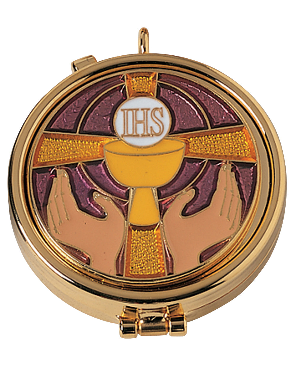 Compact mirror with religious design featuring a chalice and hands on a white background