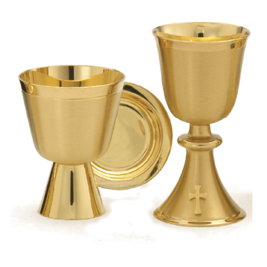 Two polished gold chalices, one with a matching gold plate, shown on a clean white background.