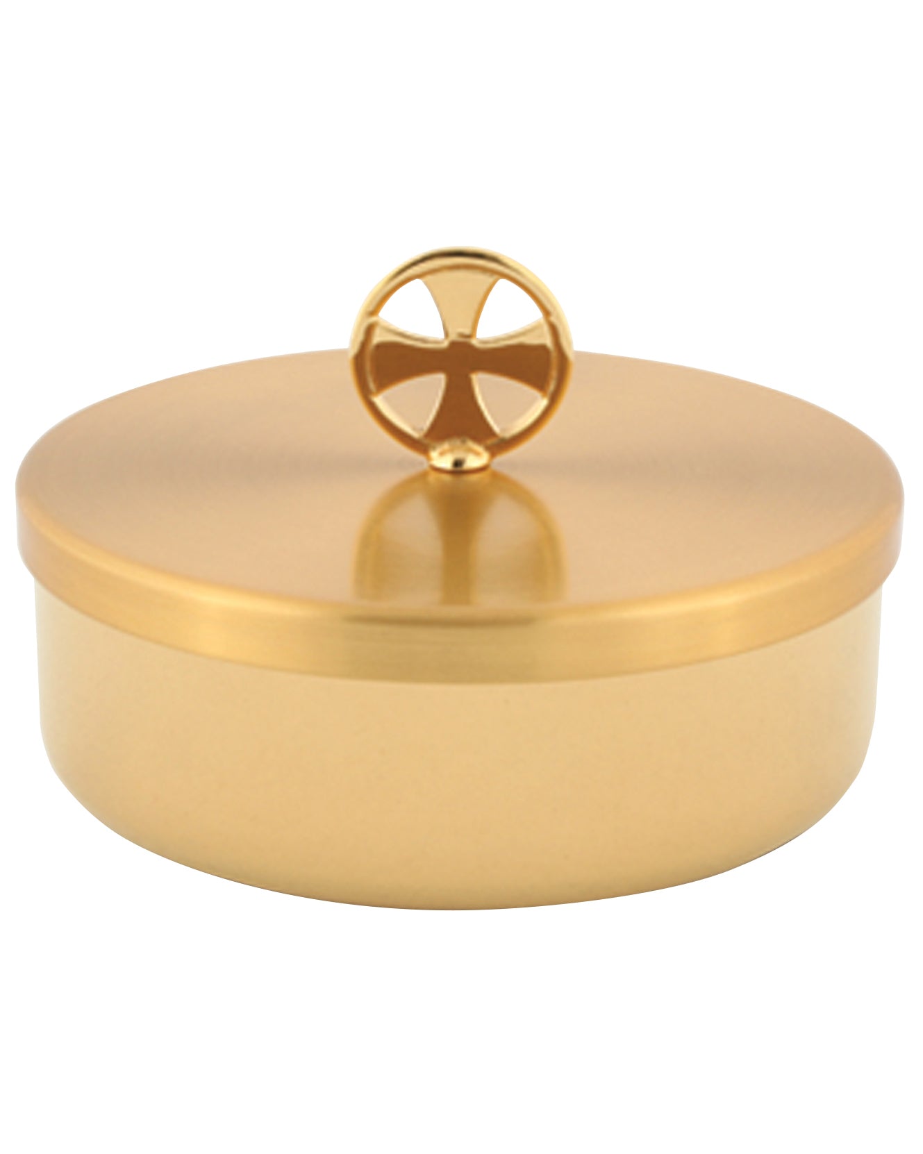 Gold host box with a decorative lid on a white background