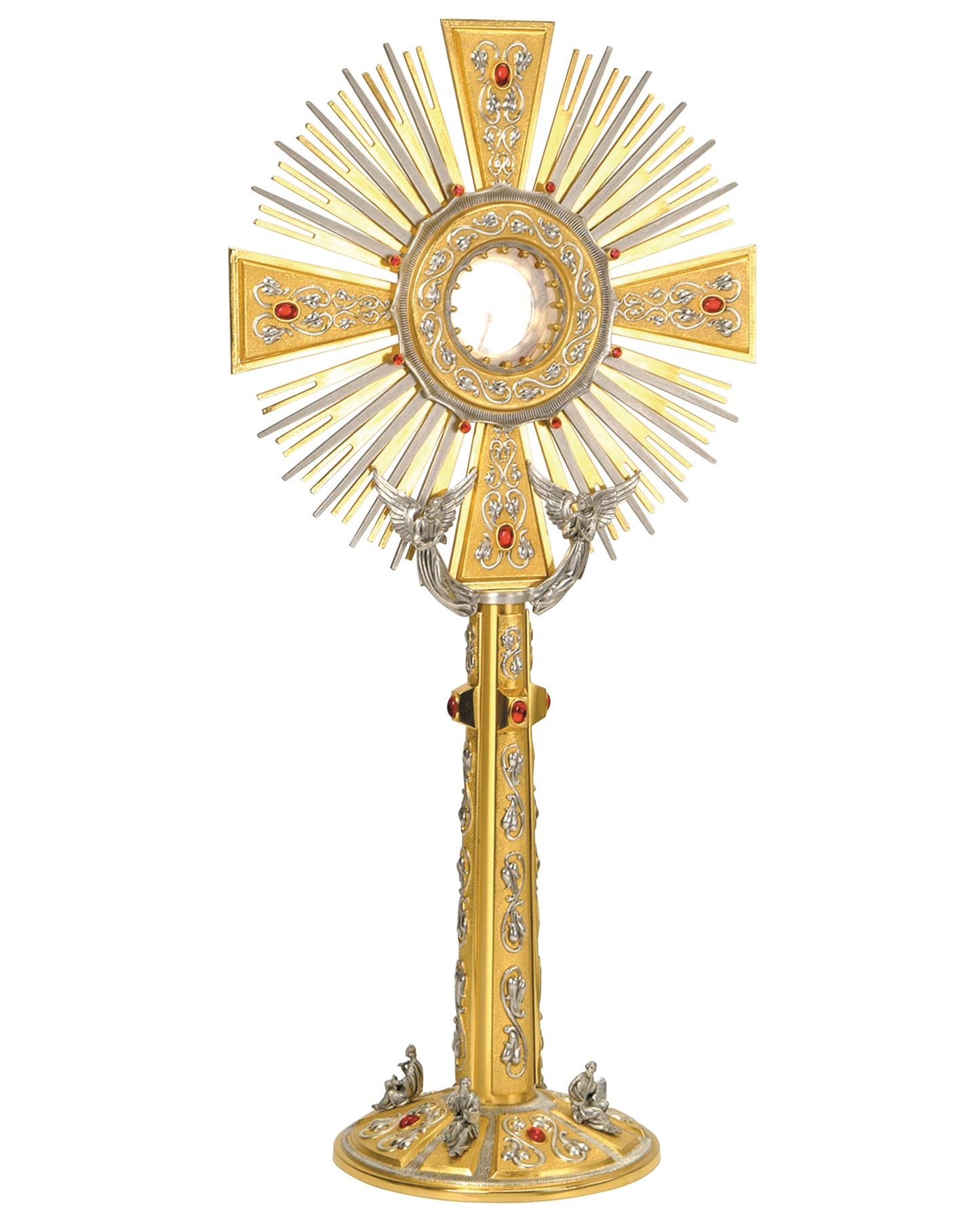 Decorative gold cross with sunburst design on a white background