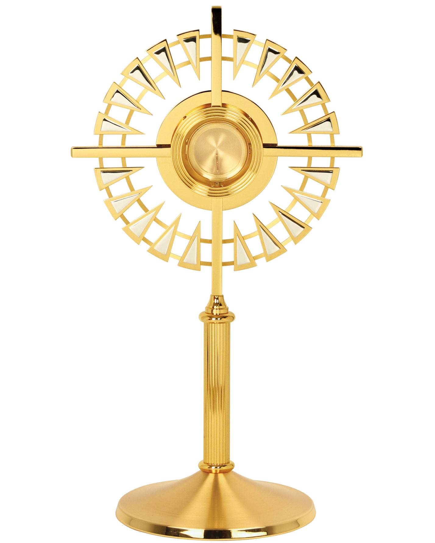 Gold metal monstrance on a white background