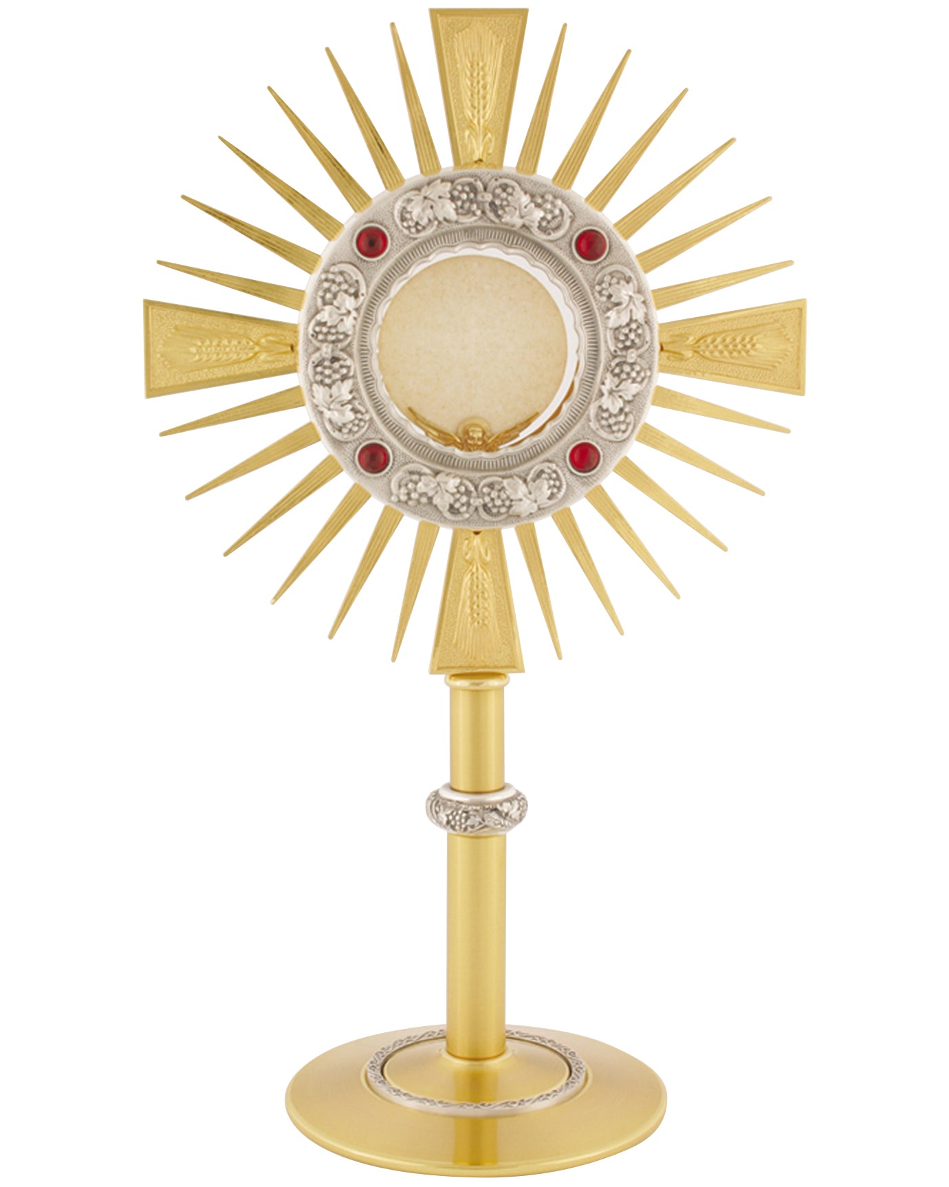 Gold monstrance with a circular element on a white background