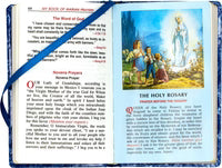 Open book with colorful illustrations on a blue background