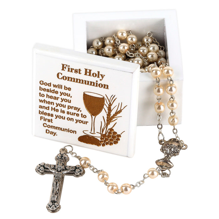 White Glass Pearl Rosary with Wood Communion Box