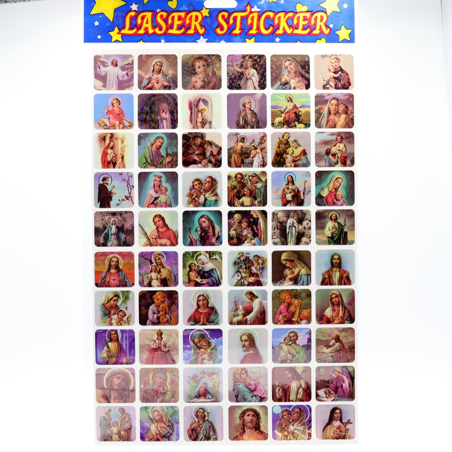 A sheet of laser stickers featuring numerous small religious illustrations of the Virgin Mary and Jesus, with a blue header at the top reading 'LASER STICKER' in yellow letters.