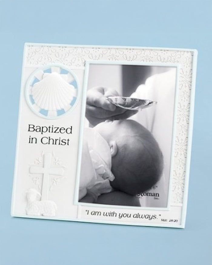 Cadre photo bleu « Baptisé en Christ » 7x7"