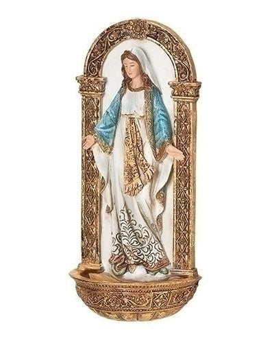 Statue of a religious figure in ornate frame on white background