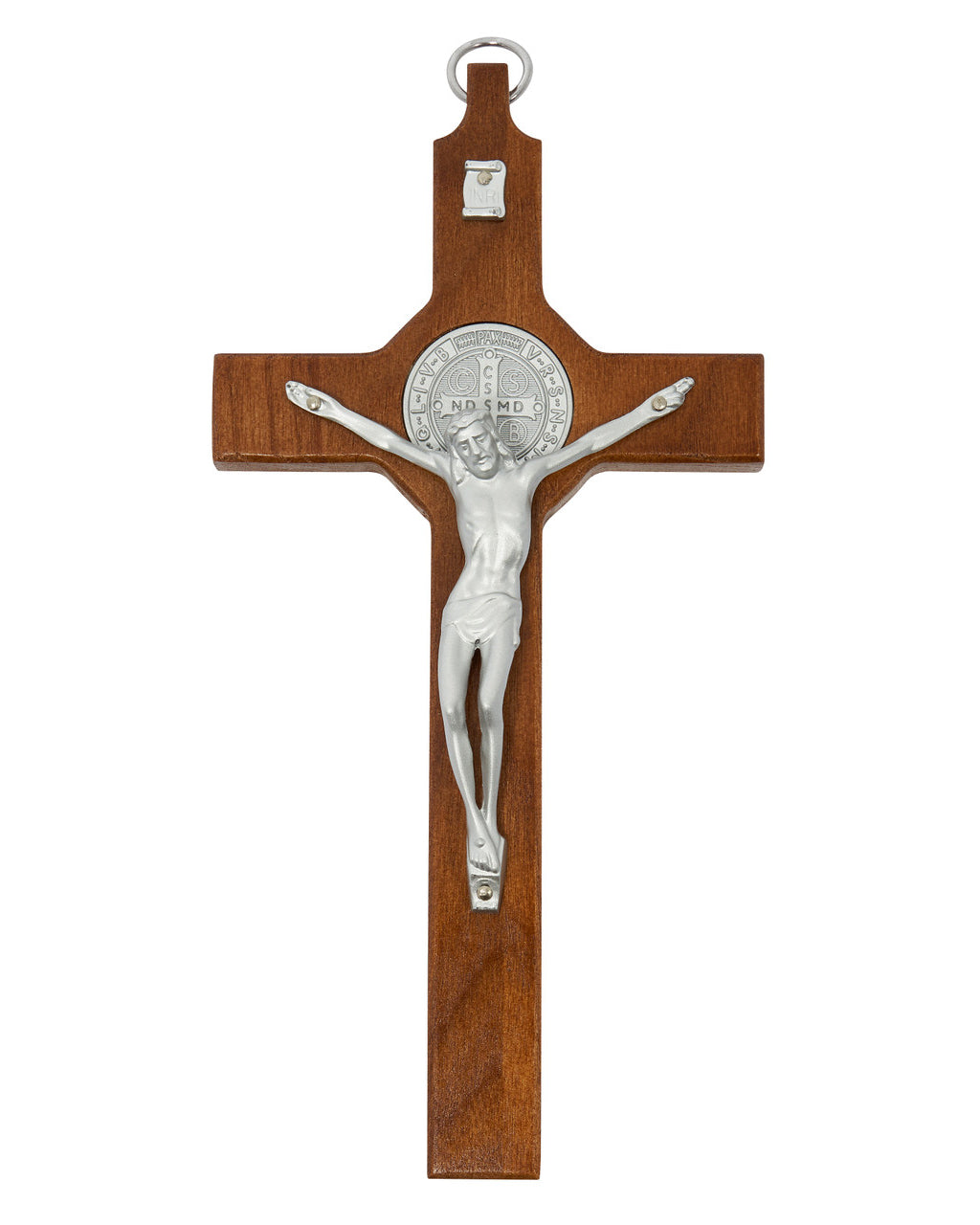 Wooden cross with silver Jesus figure on a white background