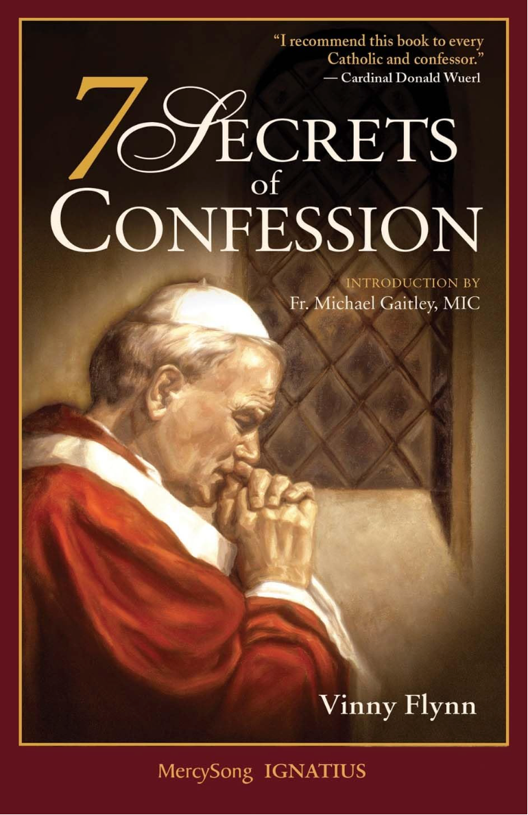 Book cover of '7 Secrets of Confession' with a religious figure praying.