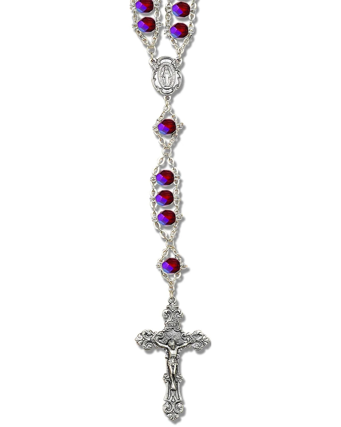 Silver rosary with red and purple gemstones on a white background