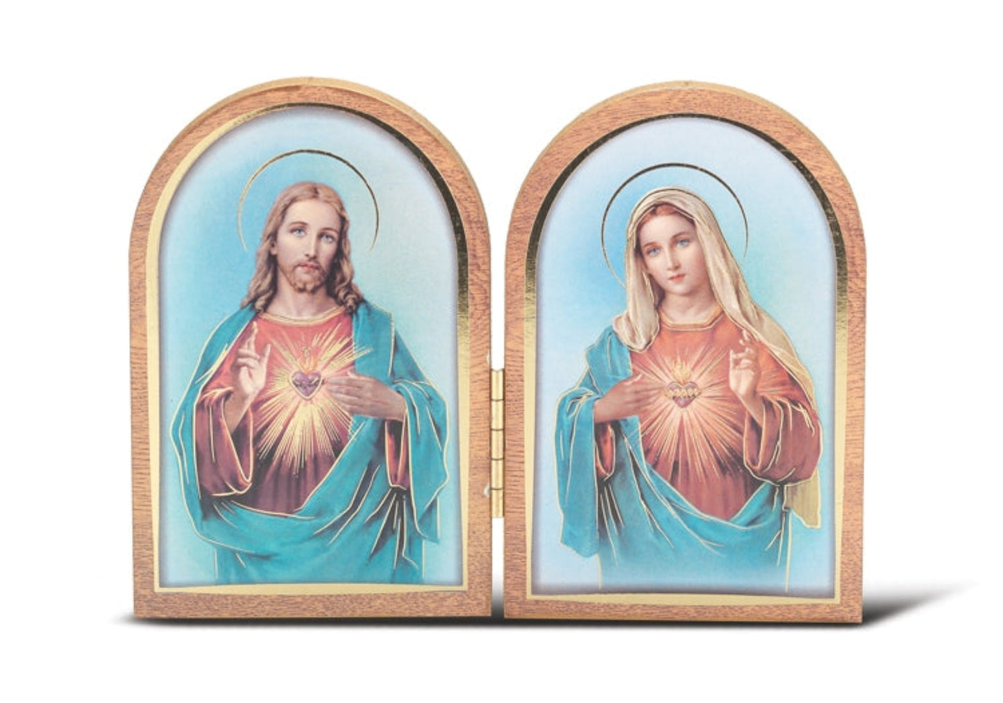 A diptych depicting the Sacred Heart of Jesus and Immaculate Heart of Mary, with gold embossed wooden frames and blue stained glass-like backgrounds.