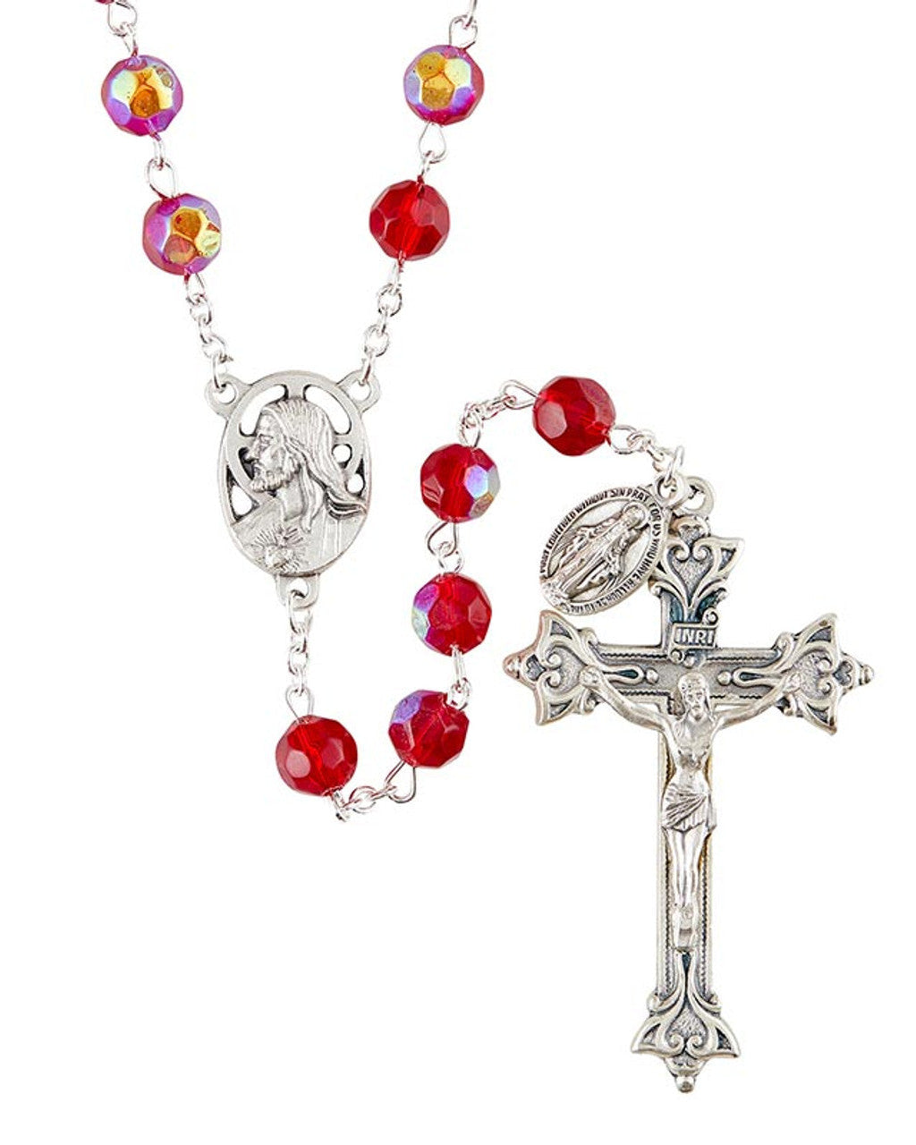A red fire-polished rosary with a silver oxidized crucifix and a Miraculous Medal, featuring glass beads and lock-link wiring.