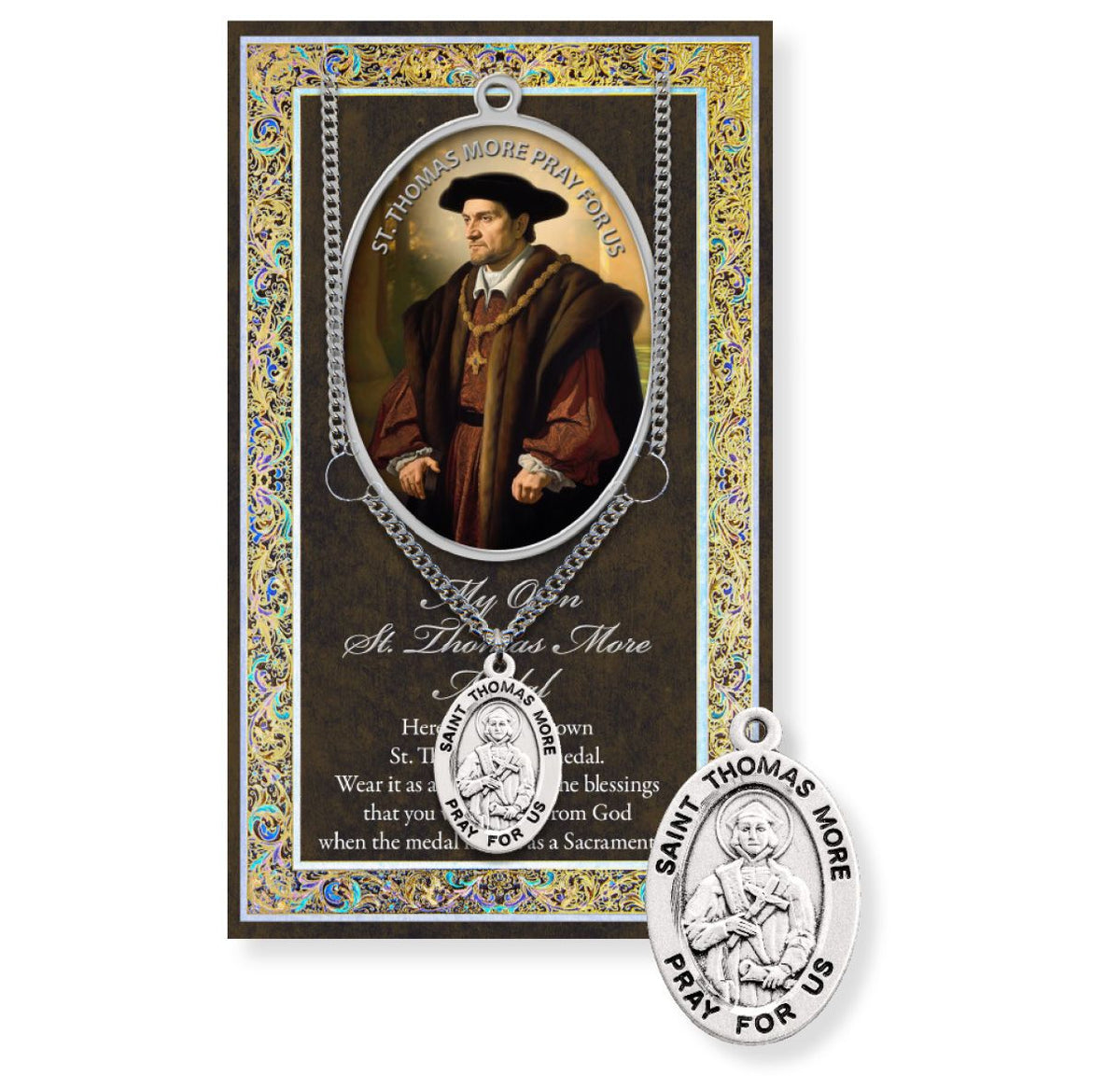 St. Thomas More Genunine Pewter Medal on 24" Chain with Biography and Picture Folder