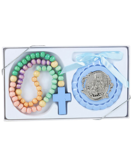 Medalla de cuna de ángel de la guarda con rosario de madera pastel