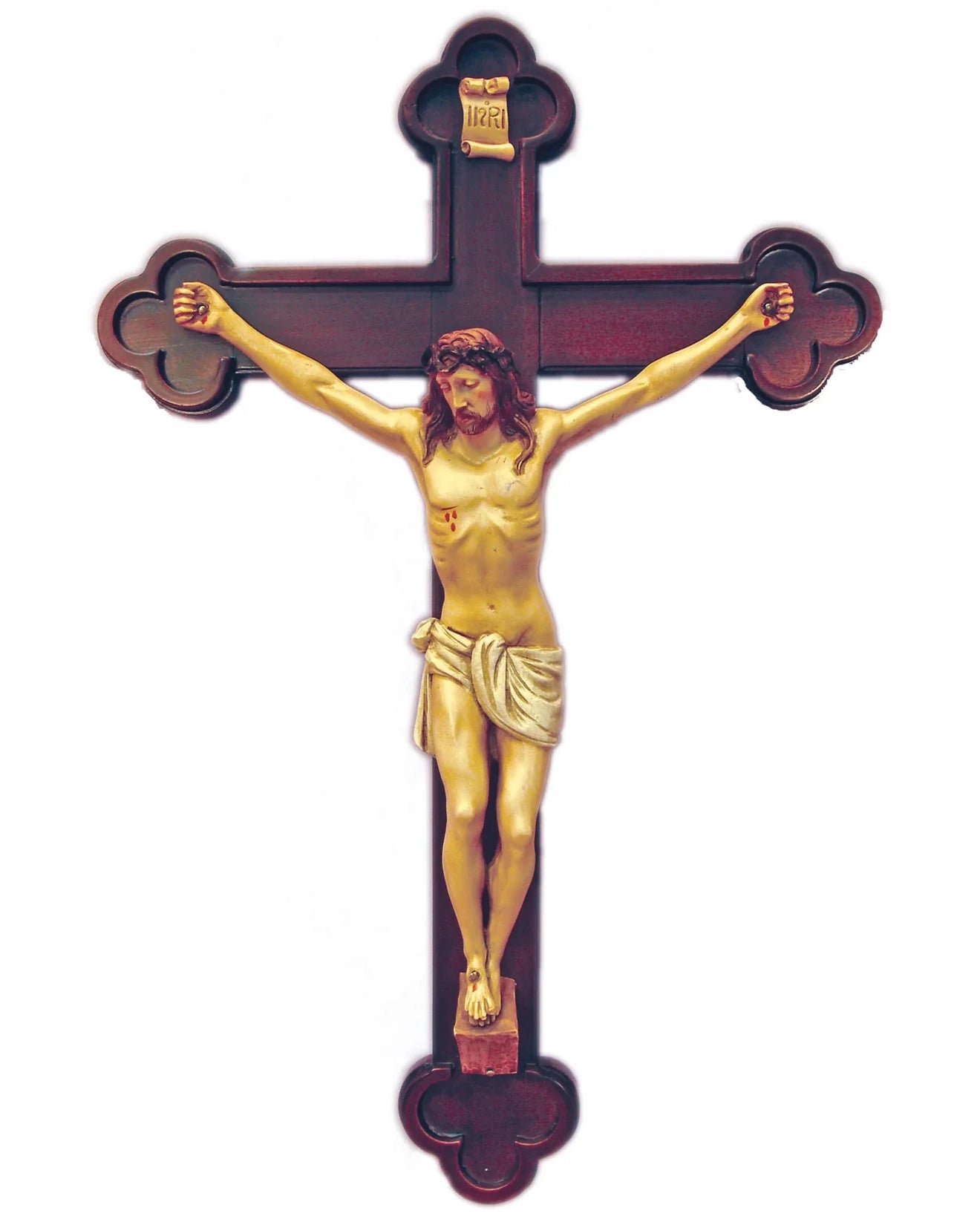 Crucifix in Hand-Painted Aabaster on a Budded Wood Cross 24"