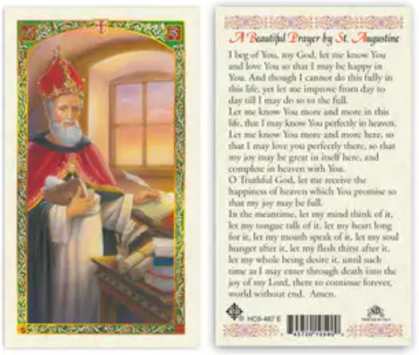 Card with an illustration of a religious figure and text on a white background