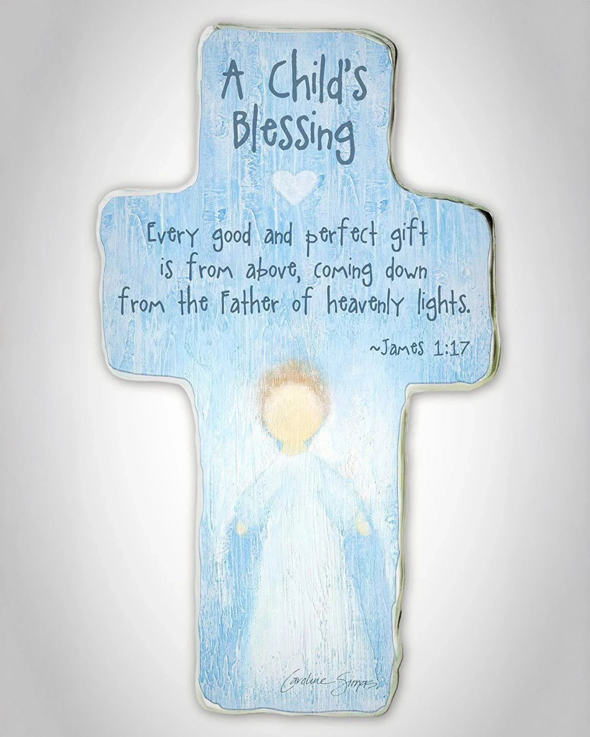 Decorative cross-shaped sign with inspirational text on a light gray background