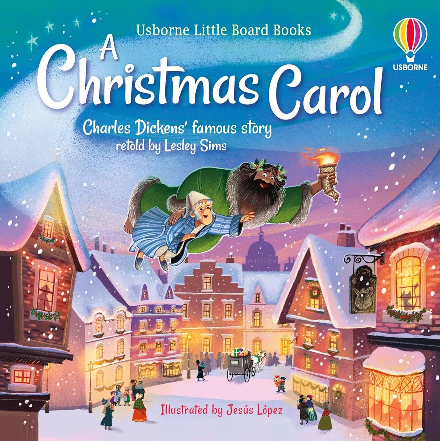 Book cover of 'A Christmas Carol' by Usborne Little Board Books with a snowy village scene.