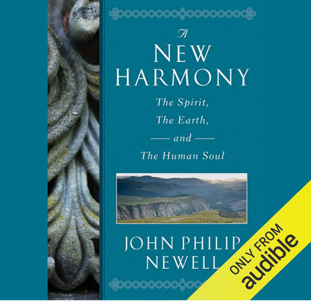 Book cover of 'A New Harmony' by John Philip Newell with a scenic image and Audible logo.