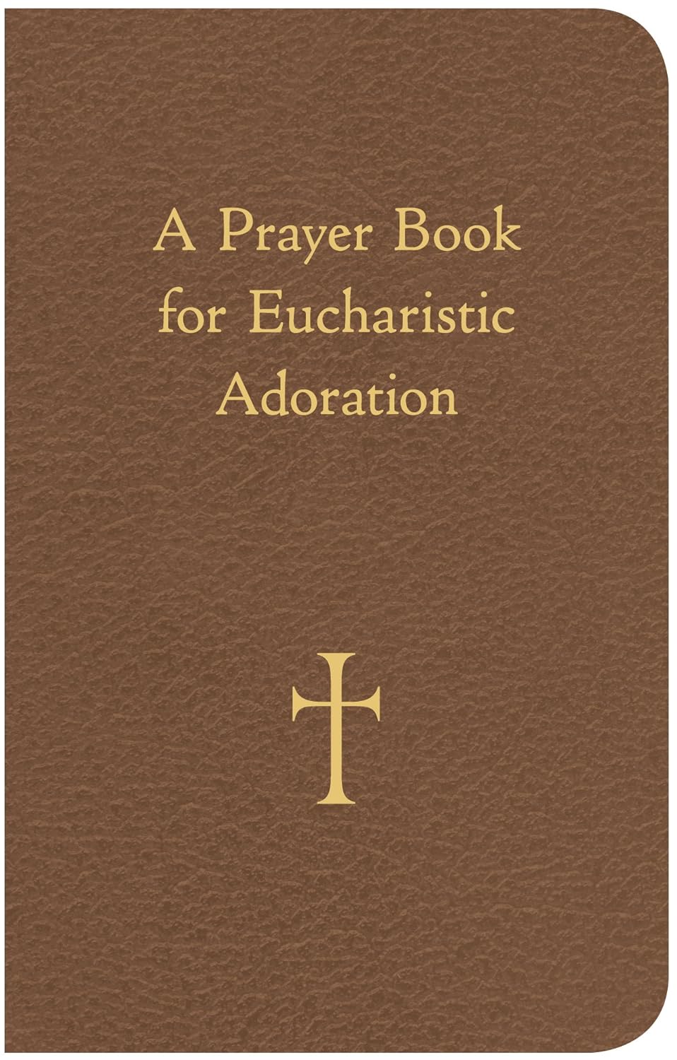 Brown prayer book with gold text and cross symbol