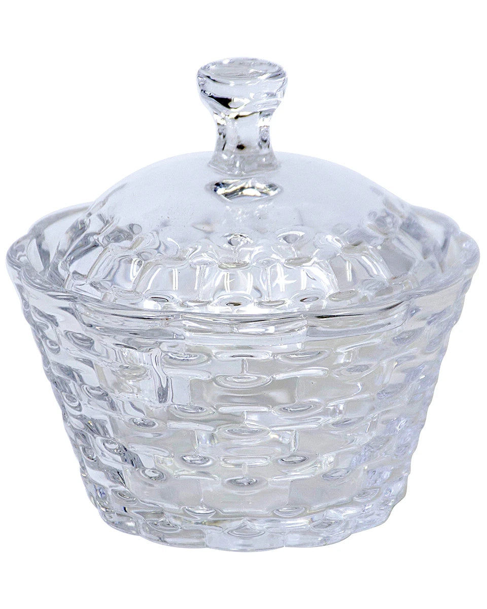 Clear glass dish with lid on a white background