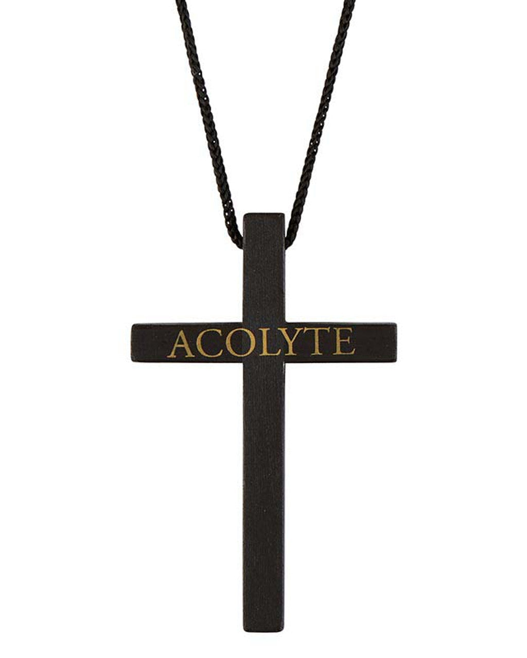 A black pine wood cross necklace with the word 'Acolyte' written on the cross pendant.