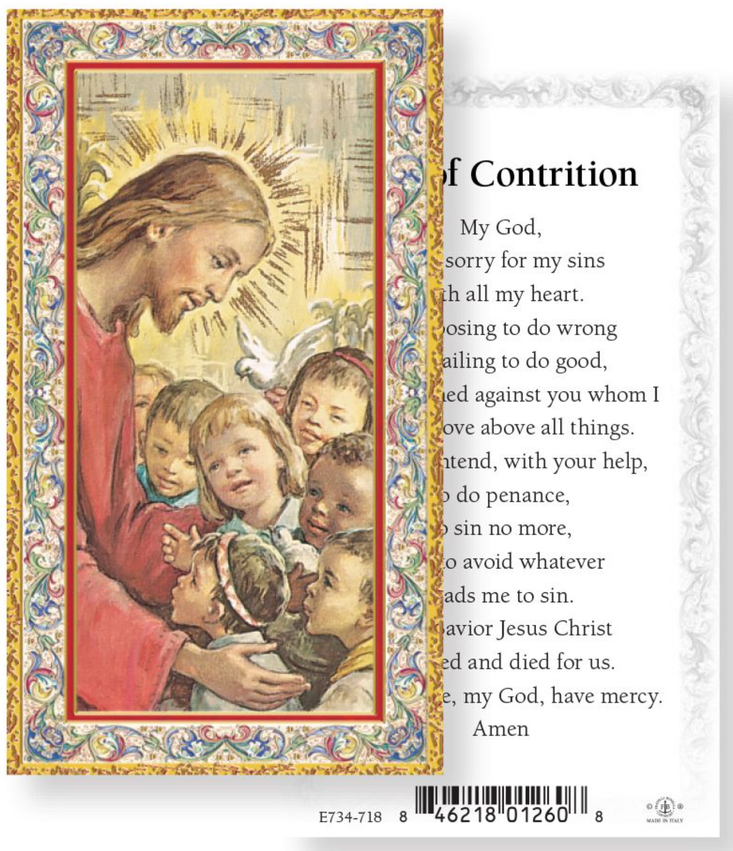 Devotional card with religious illustration of Mary holding children and text.