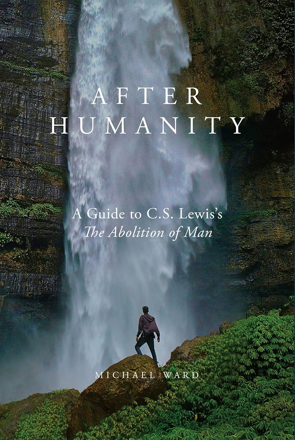 Book cover of 'After Humanity' with a waterfall and person standing on a rock.