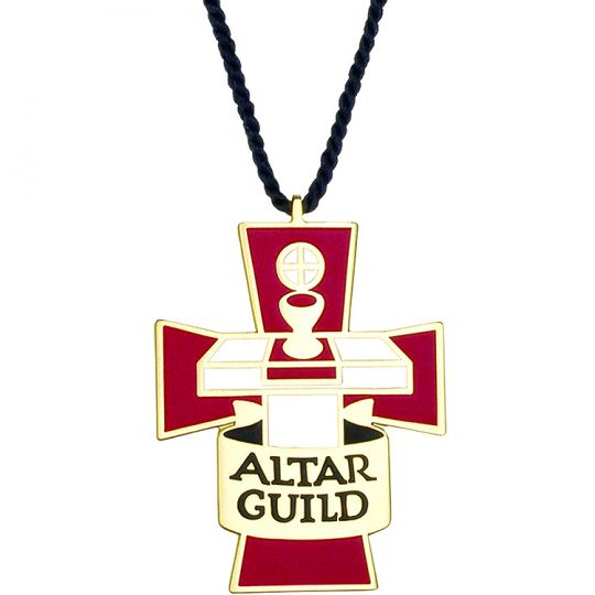 Cross-shaped pendant with 'Altar Guild' text on a black cord against a white background