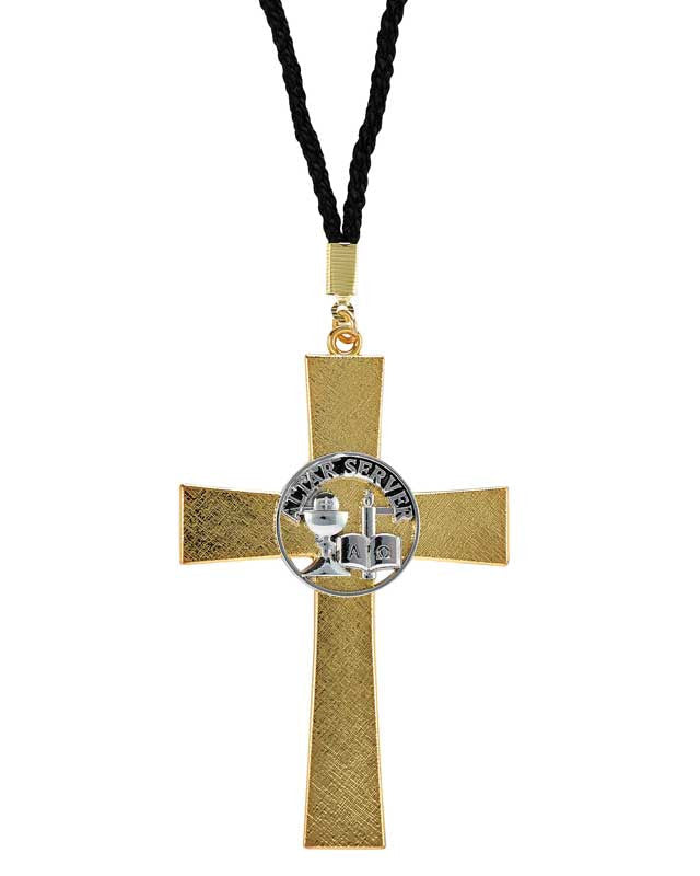 Gold cross necklace with a pendant on a white background