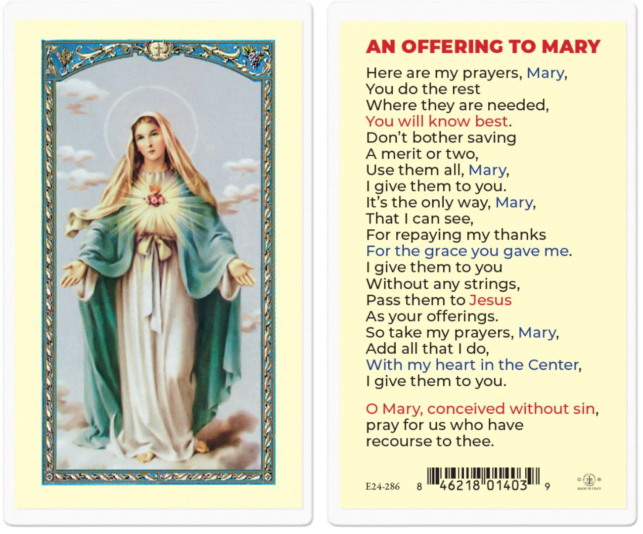Laminated prayer card with image of a religious figure and text on a yellow background