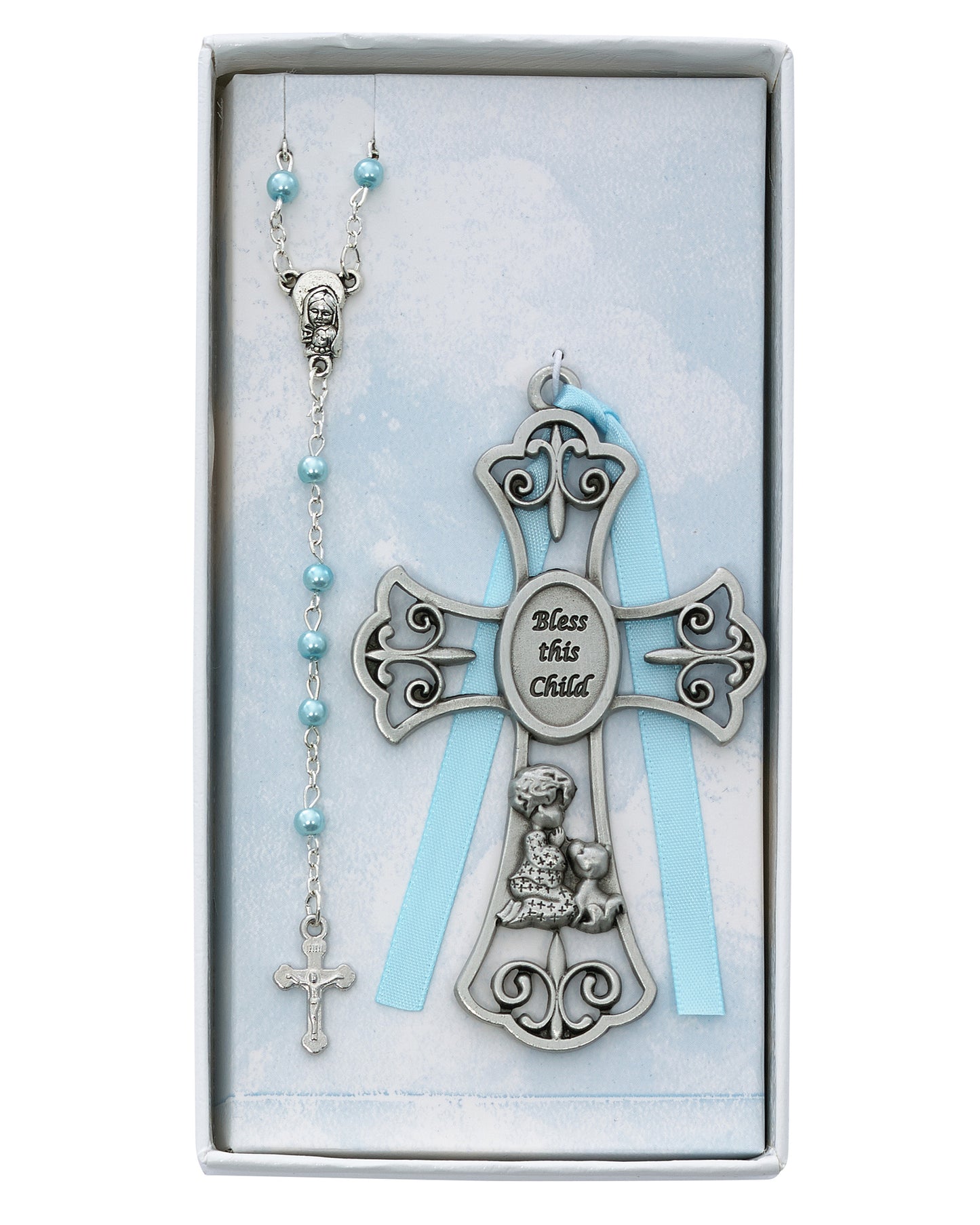 Pewter Cross and Rosary Set: Bless This Child