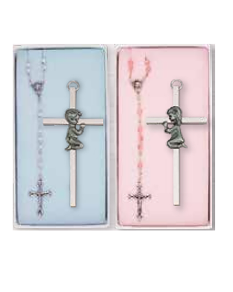 Two rosary sets in packaging, one blue and one pink, with angel and cross designs.