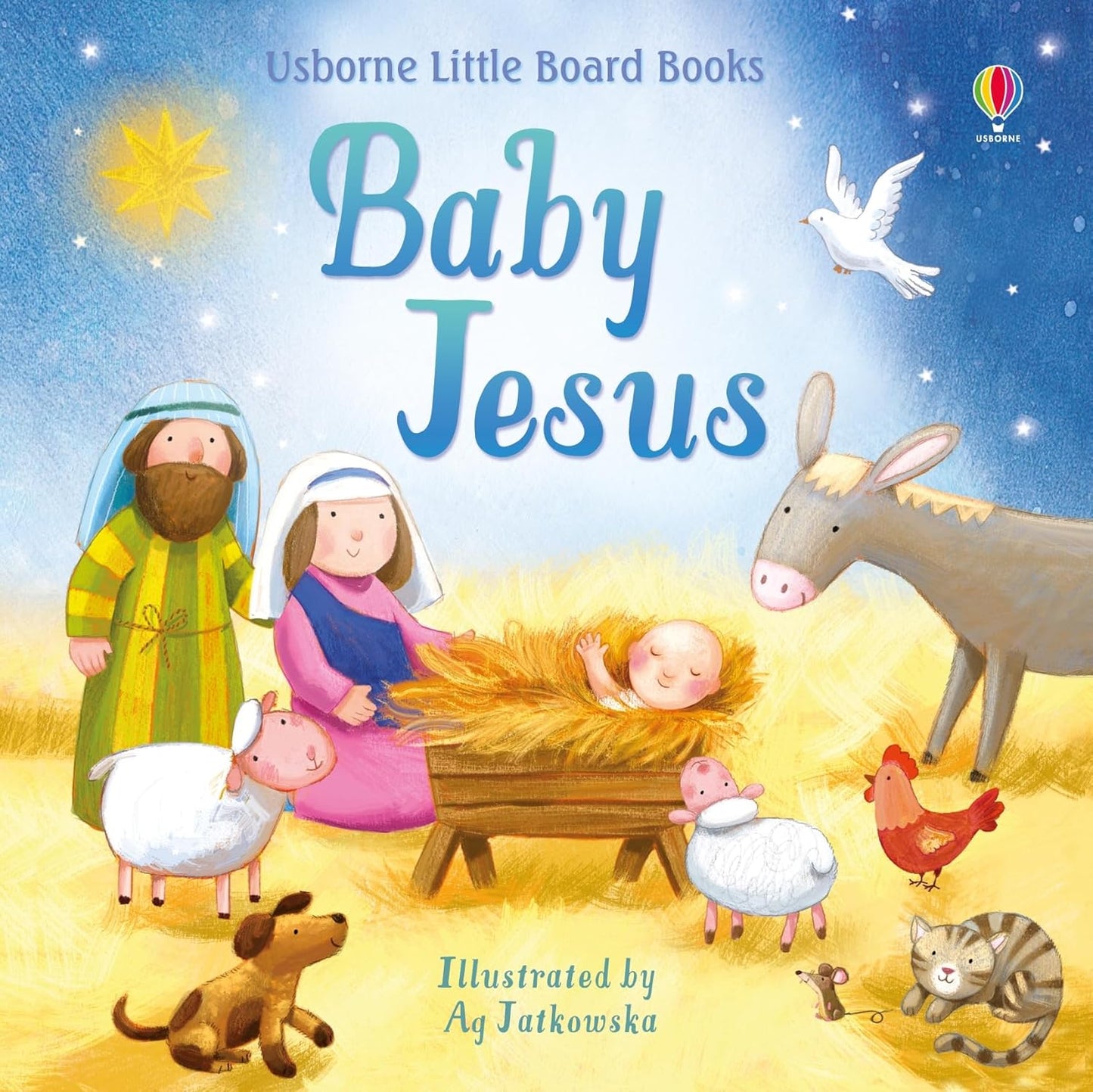 Book cover of 'Baby Jesus' from Usborne Little Board Books with illustrations of Mary, Joseph, baby Jesus, and animals.