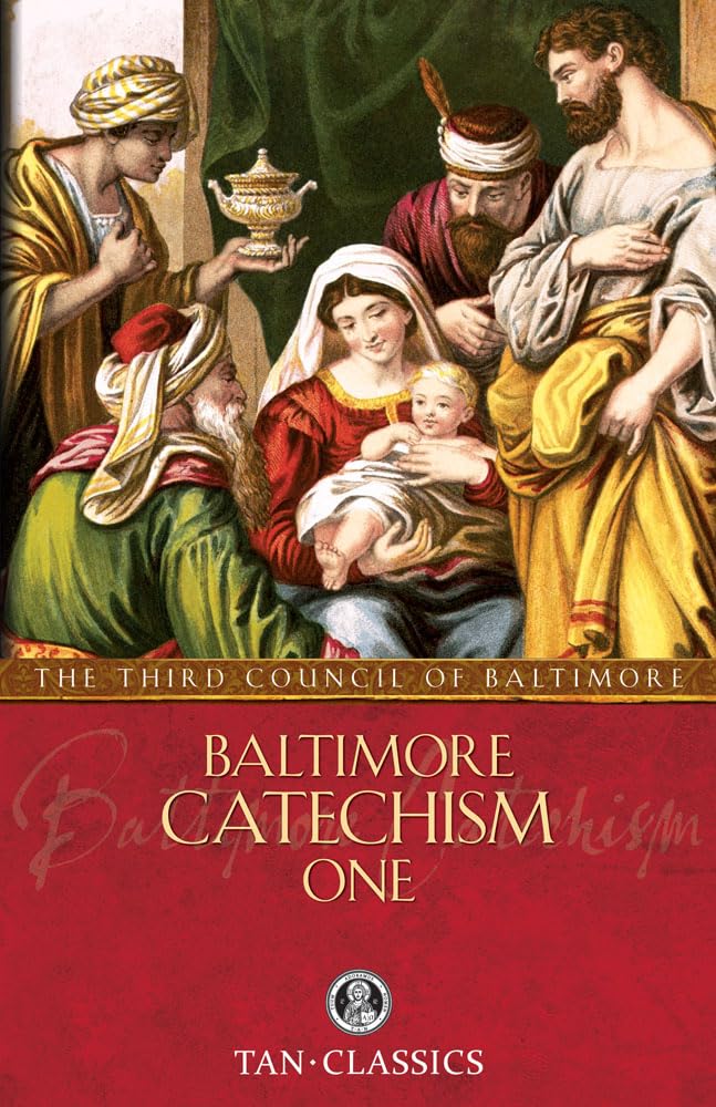 Cover of 'Baltimore Catechism One' with religious illustration and text.