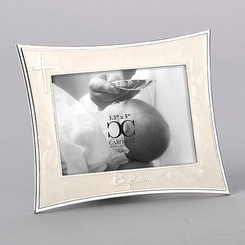 An elegant silver-tone metal picture frame with a 4 x 6 inch opening, featuring a inscription on the bottom, displaying a black and white photo of a baby.