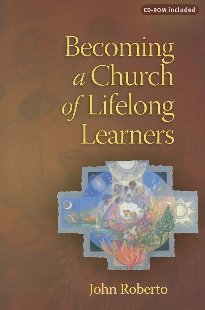Book cover of 'Becoming a Church of Lifelong Learners' with a cross illustration on a brown background.