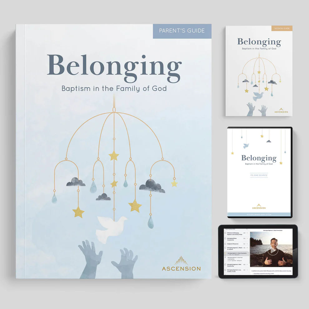 Educational materials on baptism with books and a tablet displaying content.